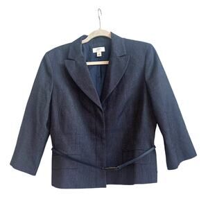 Loft Navy Blue Button Down Blazer, Elbow Length Sleeves Cotton Blend with Belt